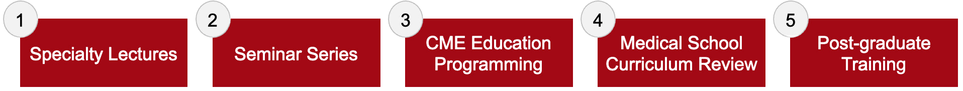 1. Specialty Lectures 2. Seminar Series 3. CME Education Programming 4. Medical School Curriculum Review 5. Post-graduate Training